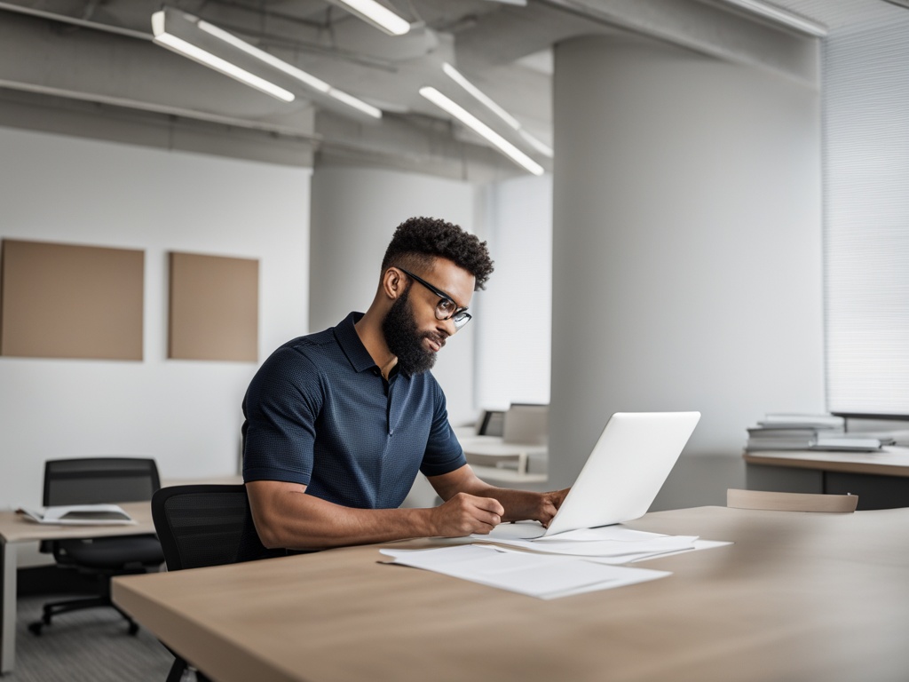 A marketer sitting alone at a minimalist desk, planning a local promotional offer on a clean, uncluttered workspace.