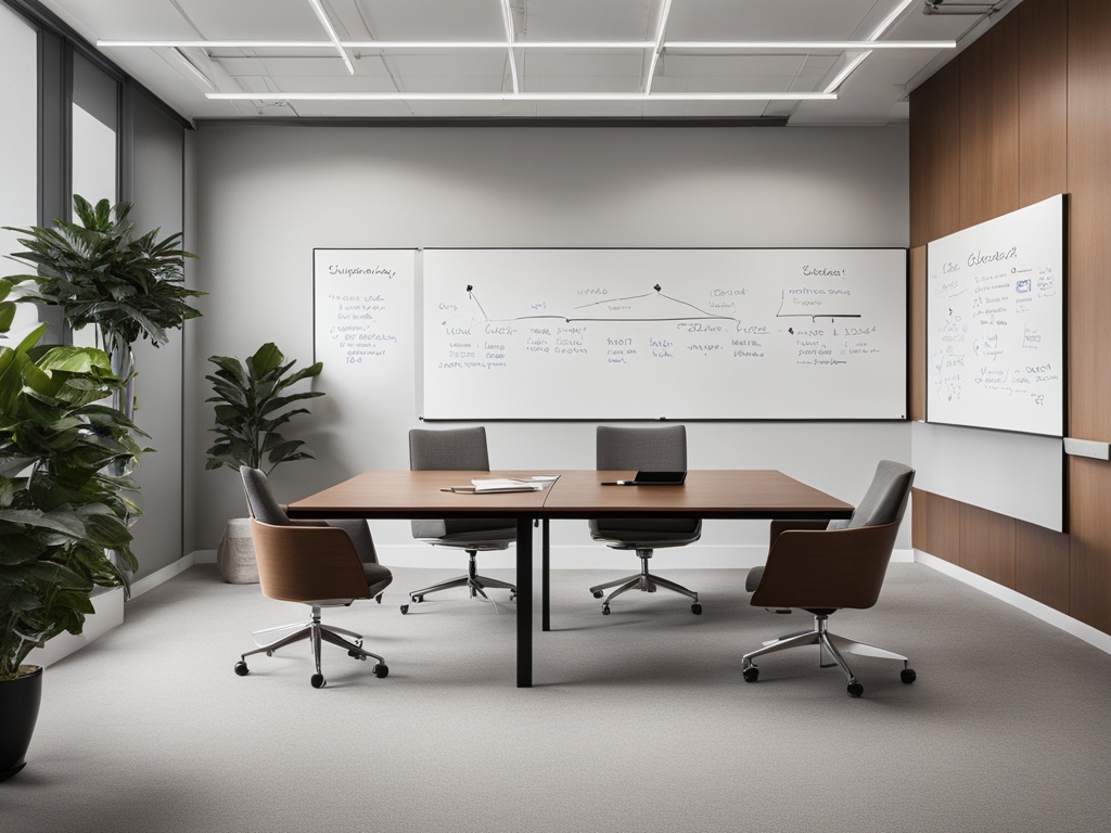 A business leader writing goals on a whiteboard in a minimalist office space with only a desk and chair.