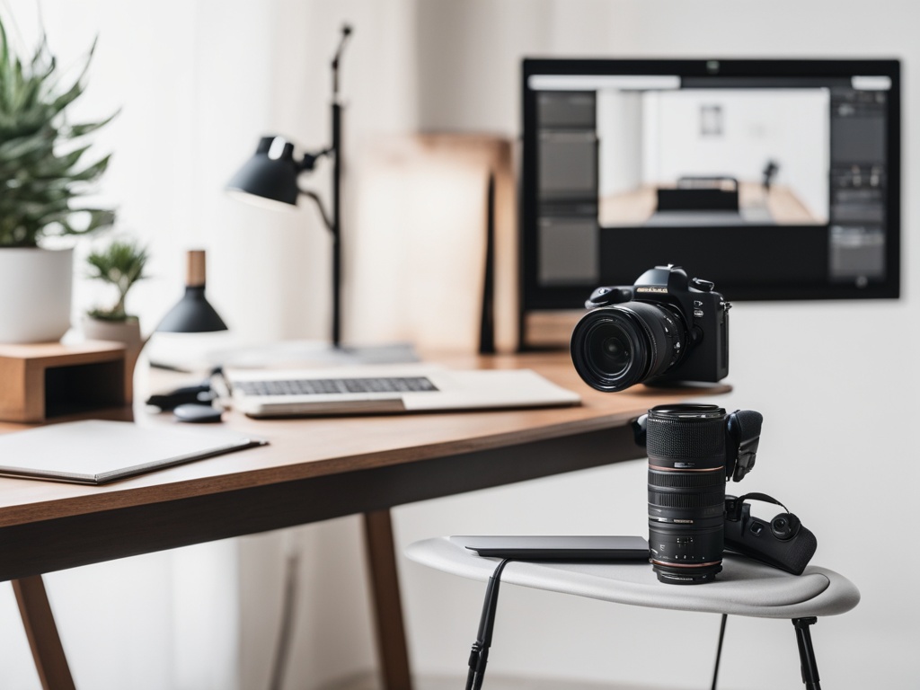 A solo content creator planning video strategy at a clean desk, with a storyboard and minimal equipment visible.